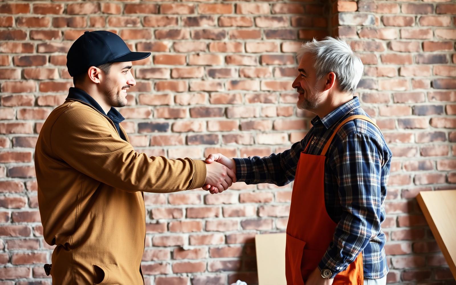 Poignée de main entre un artisan et un client sur un chantier bruxellois